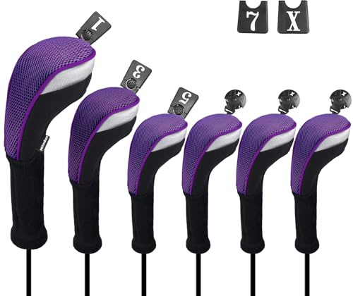 Andux 6pcs/Set Golf Club Head Covers Woods Drivers Fairway Hybrid Set Long Neck (3 Hybrid + 3 Woods) (Black/Purple)