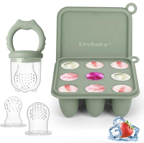 Silikon Fruchtsauger Baby Babybrei Einfrieren Behälter Set, Lebensmittel Zum Kühlen Und Lindern Des Zahnens, Selbstfütterung Zum Obst, Muttermilch, inklusive 3 zusätzlichen Schnullern (Sage)