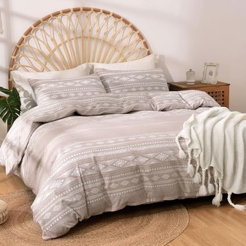 Tokokimo Housse de Couette 220x240 avec 2 Taies d'oreiller 65x65 cm - Design Bohémien - Parure de lit 220x240 Adulte - 100% Microfibre Housse Couette avec Fermetures éclair, Kaki