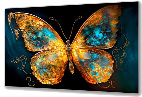 UVTECHPRINT Glasbild Wandbild Heimdekoration 90x60 cm Wohnzimmer Kunstdruck Bilder auf Glas Glasmalerei Schmetterling Gold Granat