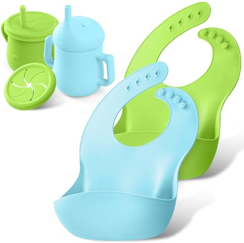 Durabras - Babero Silicona Bebe, Baberos Impermeables, Juego de Babero y Taza de Silicona, Vaso Aprendizaje, Vaso con Pajita Niños, Bote Antiderrame, Regalo Bebe.