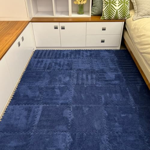 Plush Foam Floor Tiles Mat, Fluffy Crawling Mats Playmats Puzzle Area Rug, Bedroom Soft Interlocking Carpet for Home Playroom Decoration (10Pcs,Navy)