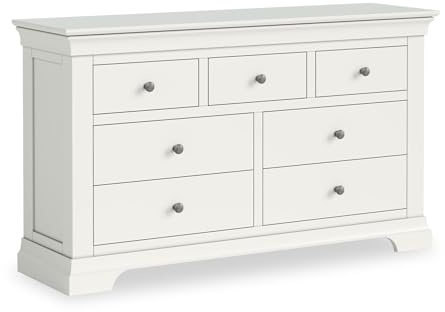 RoselandFurniture Colette White Wide 2 Over 3 Chest of Drawers | Fully Assembled, Wooden Storage Dresser with Plinth Base, Painted Pine, French Style, H76cm W130cm D38cm