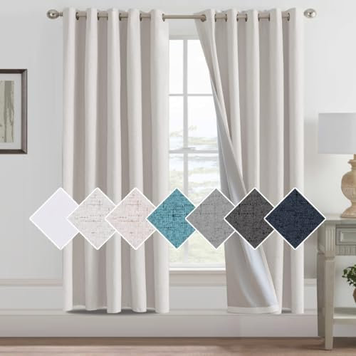 H.Versailtex 100% Blackout Faux Linen Curtains with White Liner - Thermal Insulated Eyelet Curtains for Bedroom, Grommet, W66 x L72 Inch 2 Panels Set, Ivory