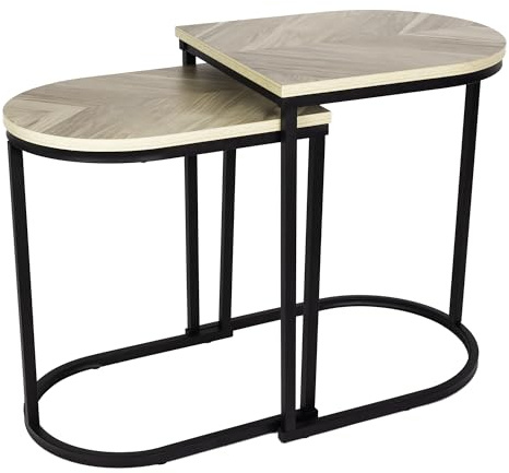 Dylex Nesting End Side Table Set of 2, Black Metal Frame, Oak Finish Tabletop, for Living Room