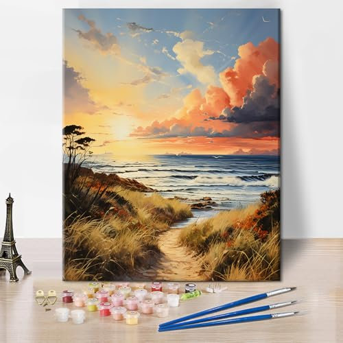 TISHIRON Kit de tableau de couleur pour adultes - Peinture à l'huile - Plage - Sable - Herbe - Paysage marin pour coucher de soleil - Peinture à l'huile DIY - Plage - Décoration murale - 40 x 50 cm