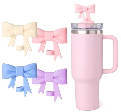 GADITIEK 4Pcs Bow Straw Covers Toppers for Stanley Cups 30&40 Oz Tumbler Accessories 10mm Silicone Straws Caps Reusable Straw Tips Protectors for Pink Stanley Cup (Bow 1)