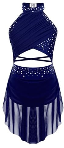 Miaeowve Kids Girls Lyrical Dance Dress Ballet Gymnastics Performance Costume Sleeveless Figure Skating Dress Navy Blue 13-14 Years