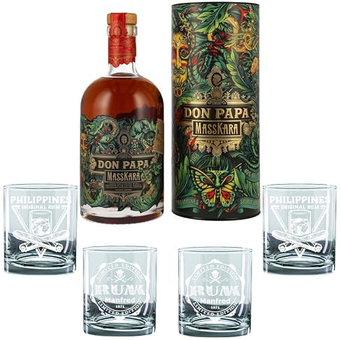 bick.shop Geschenkset 2 Gläser + 1 Flasche Rum Masskara personalisierte lasergravierte Geschenkidee mit persönlicher Note gravierte Rumgläser Geschenkbox (200ml, Pirat)