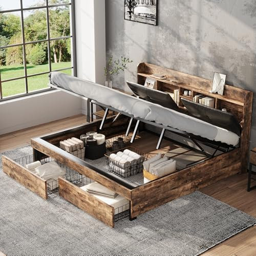 RIAZOS Metallbett 180x200 mit 2 Schubladen, Stauraum-Kopfteil, Hydraulisch Doppelbett, Modern Industrielles Holzbett, Bettgestell mit Lattenrost, Jugendbett, Erwachsenenbett, ohne Matratze