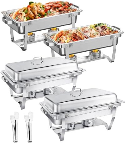 WENMILY Chafing Dish Buffet Set 9L[Robust und hochwertig],4pcs Edelstahl Warmhaltebehälter[Rollrand-Design],Speisenwärmer für Catering Buffet und Party (Quadrat Silber - 4 Sets 1/2+1/1 GNContainers)