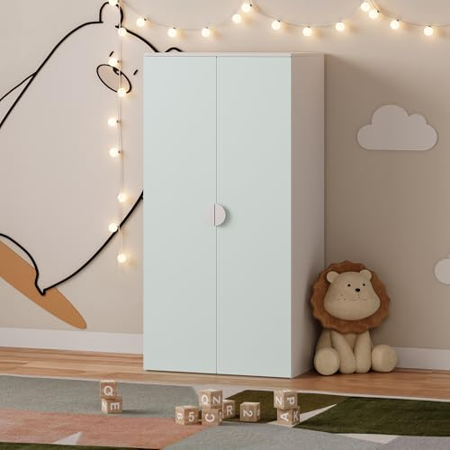 [en.casa] Kinderkleiderschrank Sandnes Garderobenschrank für Kinder 123 x 60 x 40 cm Kleiderschrank Kinderzimmer mit 2 Türen 1 Kleiderstange 1 Ablagefach Kinderschrank Weiß/Mintgrün