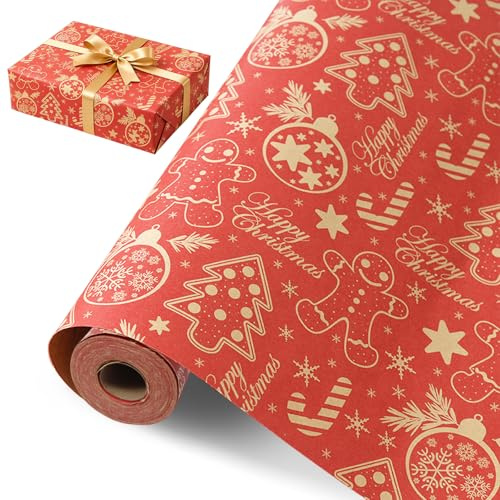 Rot Geschenkpapier Weihnachten Rolle, Geschenkpapier Große Rolle 43cm x 15m, Weihnachtsgeschenkpapier Kraftpapier für Erwachsene, für Xmas Weihnachten Papier Geburtstag Geschenk Verpackung