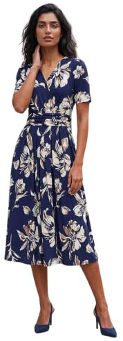 Roman Fit and Flare Dress for Women Ladies Chest Twist Knot Ruched Tea Skater Empire Waist Wedding Guest Smart Casual Swing Midi 3/4 Long Sleeve Knee Length - Navy Floral - Size 14