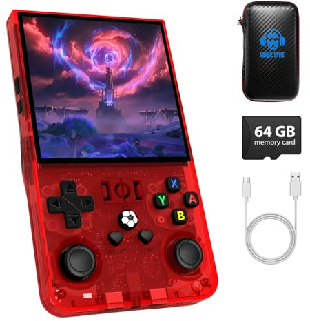 R36MAX Handheld Game Console, Retro Gaming Console with 4000mAh Battery 4.0”IPS Screen, Open Source Linux System, with 64GB TF Card Portable Video Gaming Console, Transparent Red