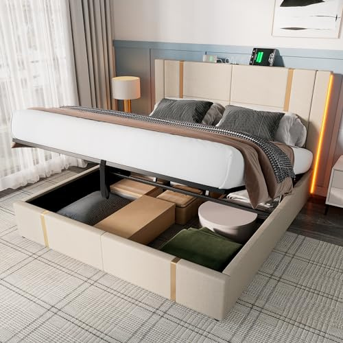 Merax Bett 160x200 mit Stauraum, Polsterbett Doppelbett 160x200, Stauraumbetten mit USB Type C Ladefunktion und APP-Control LED, Lattenrost aus Holz, Leinen, Beige(Ohne Matratze)