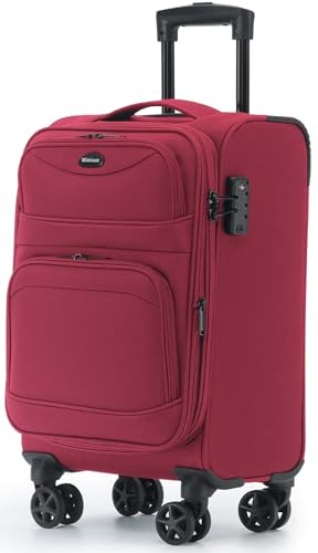 Münicase Stoffkoffer erweiterbar mit Frontfächern,15% Extra-Volumen, TSA-Schloss, 360° Doppelrollen & verdecktem Namensschild (Weinrot, Koffer M (55 cm) erweiterbar)