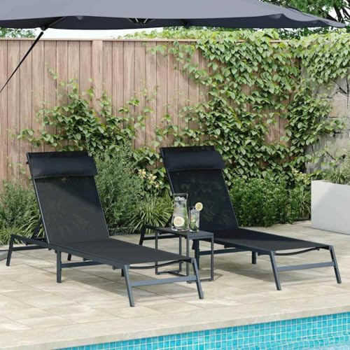 Owoxanthellate Sonnenliege Set 2er gepolstert klappbar Stahl Textilene Schwarz Anthrazit 197x54x86 cm verstellbare Kopfstütze Tisch wetterfest für Balkon Garten Terrasse