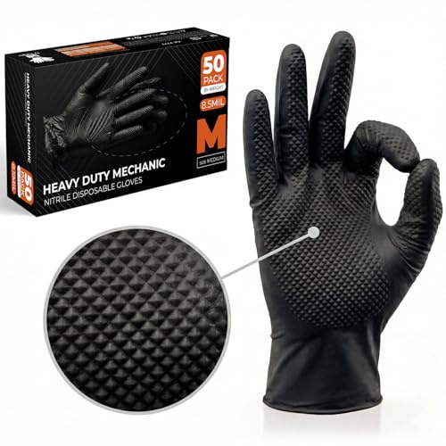 The Real Touch Nitrilhandschuhe, Größe M, 50 Stück, Extra Stark Mechaniker Einweghandschuhe, Diamanttextur, Latexfrei & Puderfrei, Ideal für Kfz, Werkstatt & Industriearbeiten (Schwarz – 50, M)