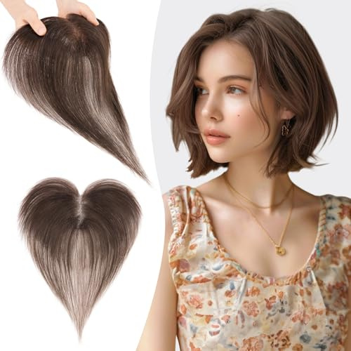 S-noilite Topper Haare für Frauen Echthaar Dunkelbraun - 9x12cm 100% handgeknüpfte T-Sharp Toupets mit Seitenpony Haar Toppers Echthaar Damen Haarverdichtung 13 Gramm