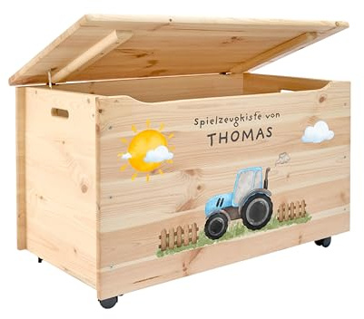 Pinus Spielzeugkiste personalisierbar 90x48x51 cm mit Deckel Rollen | Kiefernholz, Wunschname personalisiert, große Aufbewahrung, für Spielzeug Decken Erinnerungen, Kinderzimmer Geschenk Geburt