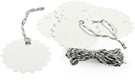 Frau WunderVoll® 40 Anhänger weiß, Blume Kreis Ø 5,8cm inkl. 12m Kordel/Papieranhänger, Geschenkanhänger, Gastgeschenk Hochzeit, Vintage, Geschenk, Etiketten, Tags, Geburtstag, Dekoration