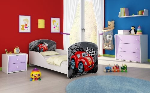 CLAMARO 'Traumland' Motiv Kinderbett 80 x 160 cm inkl. Matratze und Lattenrost, Kantenschutzleisten und Rausfallschutz, Motiv: 05 - Racing Car Rot Motiv