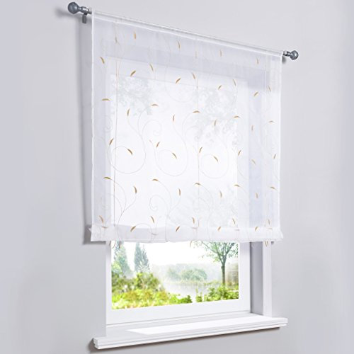 HongYa Transparenter Voile Bändchenrollo Tunnelzug Raffrollo Raffgardine mit Ranken-Stickerei H/B 140/140 cm Sand