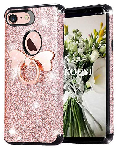 KOUYI Coque iPhone 8/iPhone 7, [3 en 1 Hybride PC Robuste + TPU + Brillante PU] Étui Protecteur Cover Brillant Mode Créatif Sparkly Coques Housse Telephone étui pour Apple iPhone 8/iPhone 7 (Rose)