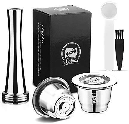 i Cafilas cápsula Recargable Nespresso Reutilizables en Acero Inoxidable,capsula Filtro de café Reutilizables para Nespresso,con Cuchara de café, Cepillo,Tamper (2 cápsula+Tamper)