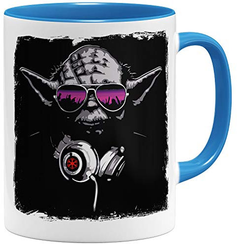 OM3® Musik Deejay DJ Yoda Tasse | Keramik Becher | 11oz 325ml | Beidseitig Bedruckt | Hellblau