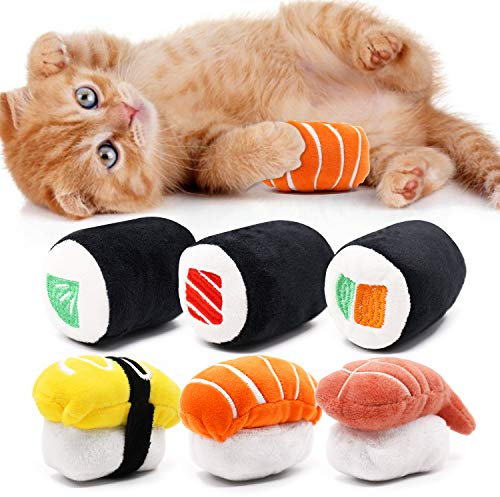 CiyvoLyeen Lot de 6 jouets à sushi pour chat avec herbe à chat - Oreiller à mâcher - Soulage l'ennui - Nettoyage des dents - Peluche interactive pour les amoureux des chats