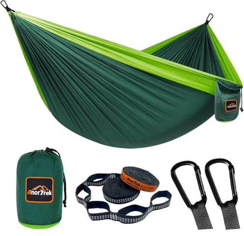 AnorTrek Camping Hängematte, superleichte tragbare Fallschirm Hängematte mit Zwei Baumgurten Einzel oder Doppel Nylon Reisebaum Hängematten Dunkelgrün&grün