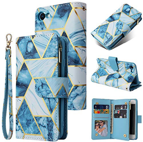 UEEBAI Wallet Case for iPhone 7/8/SE 2022 5G/SE 2020, Premium PU Leather Magnetic Handbag Zipper Case Kickstand Card Slots Wrist Strap Flip Cover for iPhone SE3/SE2 - Blue#2