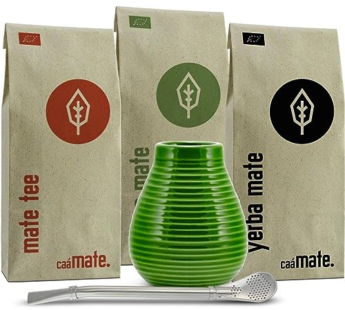Mate Tee Set Keramik ● 3 Bio Matesorten + Matebecher + Bombilla + Zubereitungsanleitung (grün)