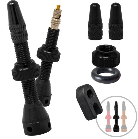 CLASK Kit 2 Válvulas Tubeless MTB 40mm anti-obstrucción con aleación ligera y resistente + Núcleos de válvula fina + Llave extracción obus presta (tapón, tuercas y juntas incluidos) (Negro)