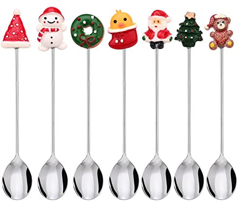 Kaffee Löffel, 7 Stück Weihnachten Löffel Geschirr Set Cocktai Rührstab Dessertlöffel aus Edelstahl Weihnachten Gabel Teelöffel Zucker Eislöffel Mischlöffel Trinken für Küchengeschirr Spoon…