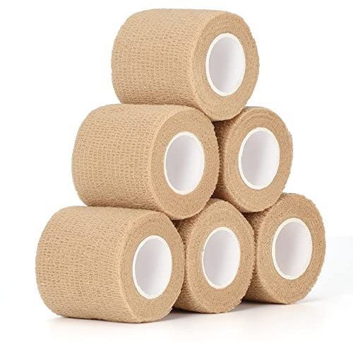SEADESKY Bandage Autoadhésif Cohésifs 5cm x 4,5m, 6 Rouleaux Bande Cohesive Bandages Auto-adhésifs Bandes Cohésifs Bandage De Sport Pour Poignet, Cheville et Gonflement (Beige)