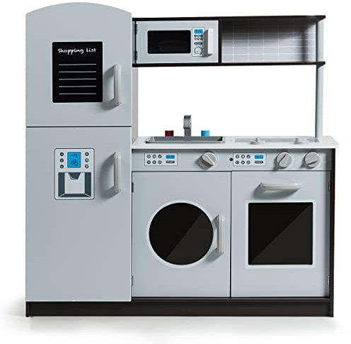 DREAMADE Kinderküche aus Holz, Kinderspielküche mit Mikrowelle Herd Backoffen, Kinder-Spielküche Küchenspielset, Spielküche für Kinder ab 3 Jahren