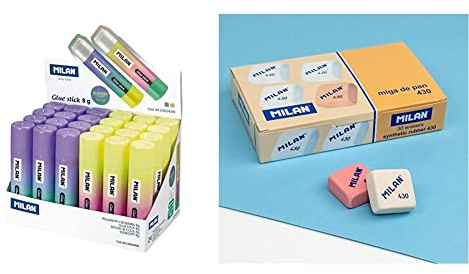 MILAN Caja expositora 24 barras de pegamento 8 g Sunset & 430 - Caja de 30 gomas de borrar, miga de pan