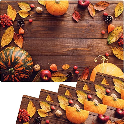 matches21 Bunte Tischsets Platzsets Motiv abwaschbar Herbstfrüchte Kürbisse Holzbrett braun orange 6er 43,5x28,5 cm