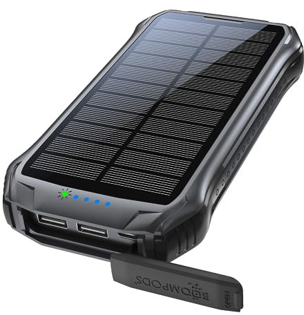 Boompods Neutron Solar-Powerbank 10000mAh - tragbares Ladegerät mit Solarpanel & LED-Taschenlampe, IPX4 wasserdichte Outdoor Akkubank mit 2 USB-Anschlüssen für Handy, Tablets und Camping, Schwarz