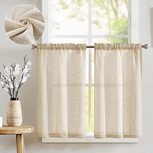 TOPICK Scheibengardinen Leinenmischung Bistrogardine für Wohnzimmer Küche Kleine Fenster Halbtransparent Lichtfilterung Kurz Gardinen Moderne Landhaus Scheibengardinen Tunnelzug 2er Set 65x60 cm Natur