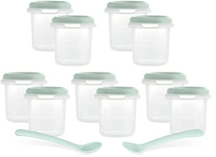 Miniland Set 10 Hermisized Mint 200ml. Pack de 10 herméticos graduados (200ml) y dos cucharas, seguros, resistentes y aptos para lavavajillas, microondas y congelador. Colección Dolce.