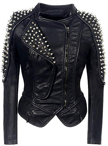 DISSA Damen Schwarz Nieten Lederjacke Kunstleder Bikerjacke mit Reißverschluss,P606,S