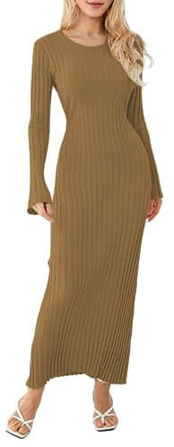 Geagodelia Ribbed Knit Maxi Dress for Women Long Sleeve Crew Neck Slim Fit Bodycon Long Dress Casual Knitted Jumper Dress (090601#Light Brown, M)