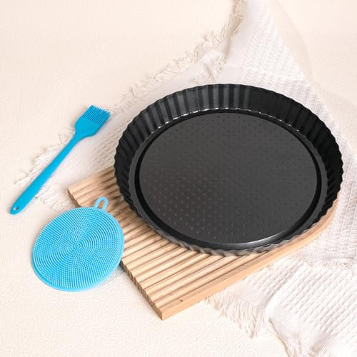 Highkit Sponge Flan Tin 28cm / 11inch, Flan Pan with Non-Stick Coating, Flan Case Sponge, Fluted Round Quiche Dish, Flan Tins for Baking, Flans, Quiches, Flan case Tin, Carbon Steel,Dark Grey