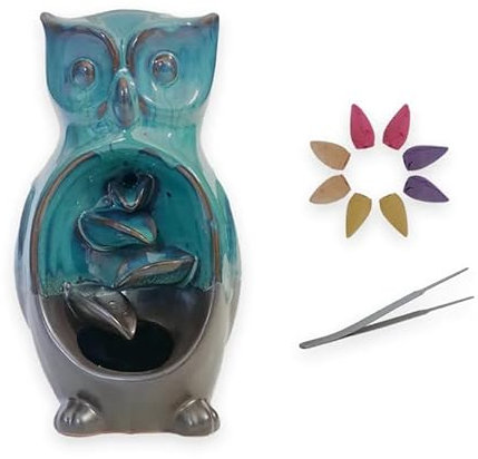 IMAGO Rückfluss Räuchergefäß Halter inkl. 25 Räucherkegel - Wasserfall Keramik Brunnen Aromatherapie Ornament Lotus Räucherstäbchenhalter Reflux (Eule)