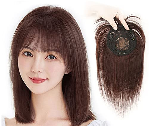100% Echthaarteile Mit Pony, Frauen Natürlicher Brauner Haar-Topper, 12 cm Perücken Mit Clip Auf Seidenbasis for Haarausfall/Dünner Werdendes Haar/Graues Haar (Size : 30cm)