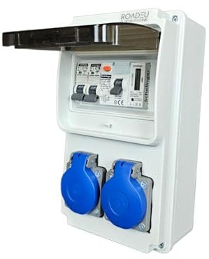 RoadEu - Stromverteiler 230V mit Zähler, 2x Schuko, Steckdosenverteiler mit Fi Schutzschalter 40A und 2x Leistungsschalter C16A - Baustromverteiler IP44. Digitaler Stromzähler Hutschiene